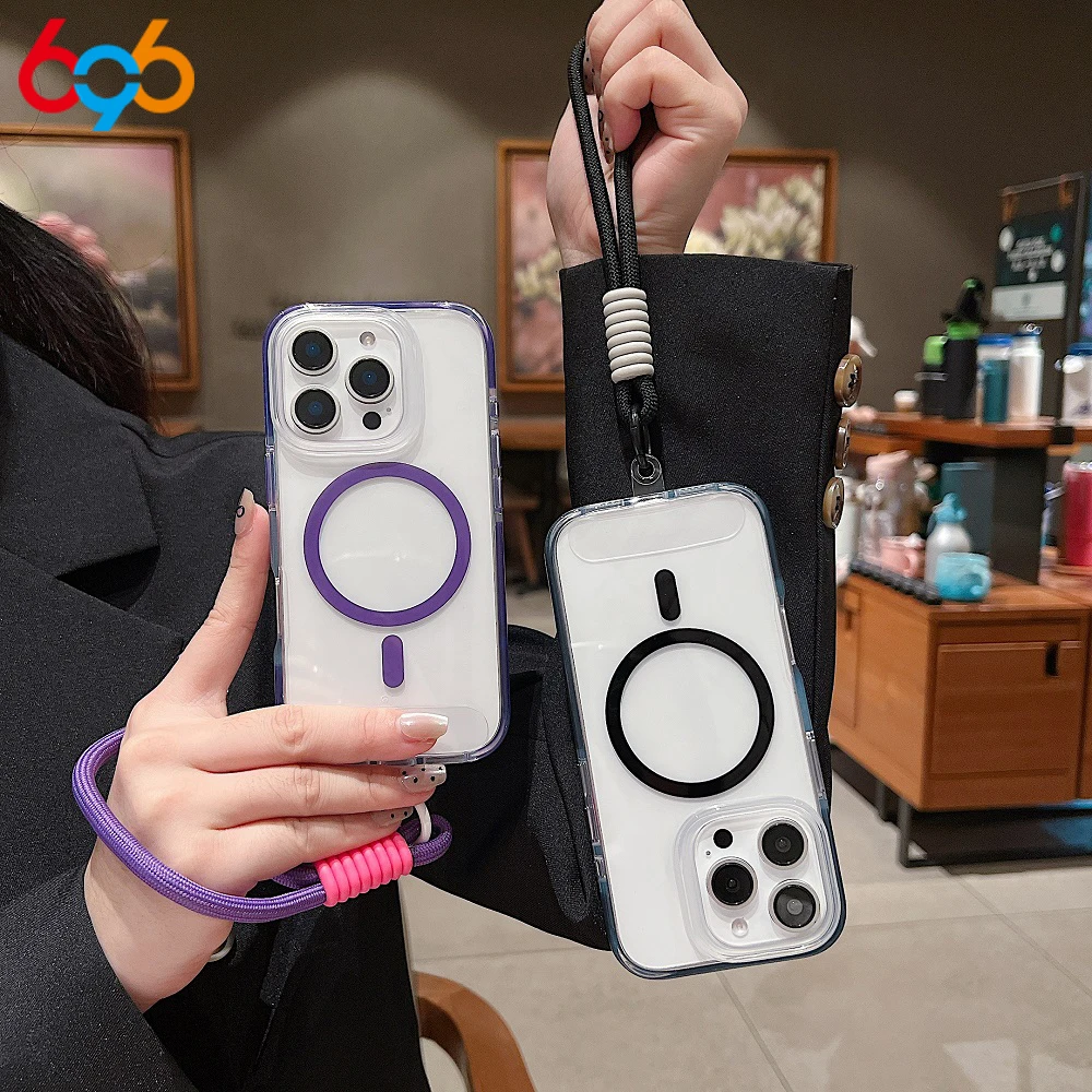 Magnetic Wrist Strap Transparent Candy Frame Phone Case For iPhone 15 11 12 13 14 16 Pro Max Plus Shockproof Fall Prevention