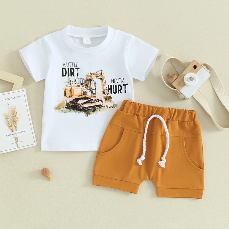 

2024-01-17 Lioraitiin Summer Toddler Baby Boys Outfits Letter Excavator Print T Shirt Tops Shorts Summer Clothes Sets