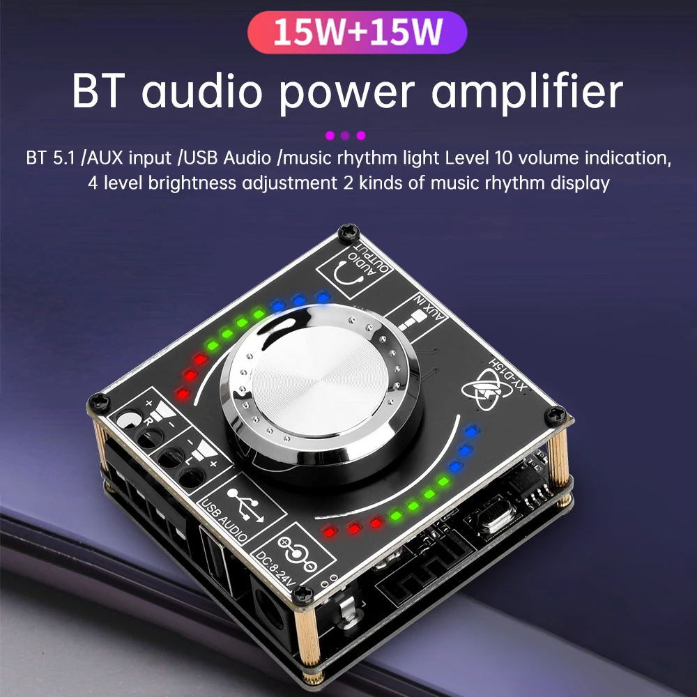 XY-D15H Stereo Sound Power Amplifier Board Bluetooth Digital Amplifier With Spectral Volume 2X10W/15W/20W DC8-24V Home Theater