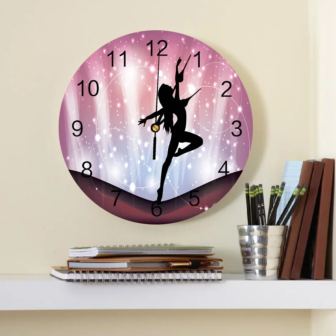 Dance Woman Silhouette Starry Sky Round Wall Clock Hanging Silent Time Clock Home Interior Bedroom Living Room Office Decor