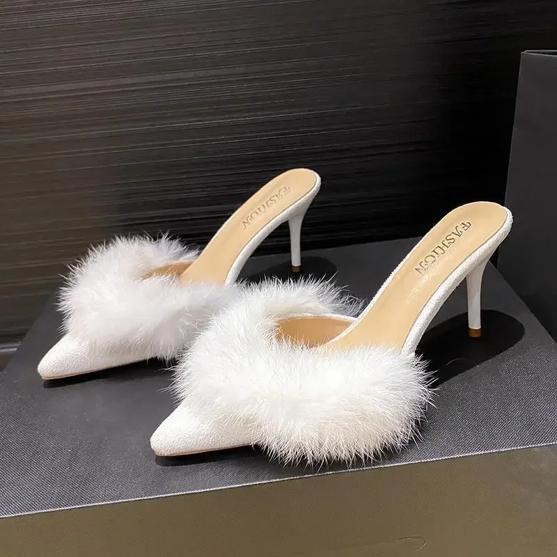 Women Warm Plush Pointed Toe High Heels Winter Mules Slipper Korean Fashion Design Thin Heels New Flip Flops Pumps Zapatos Mujer