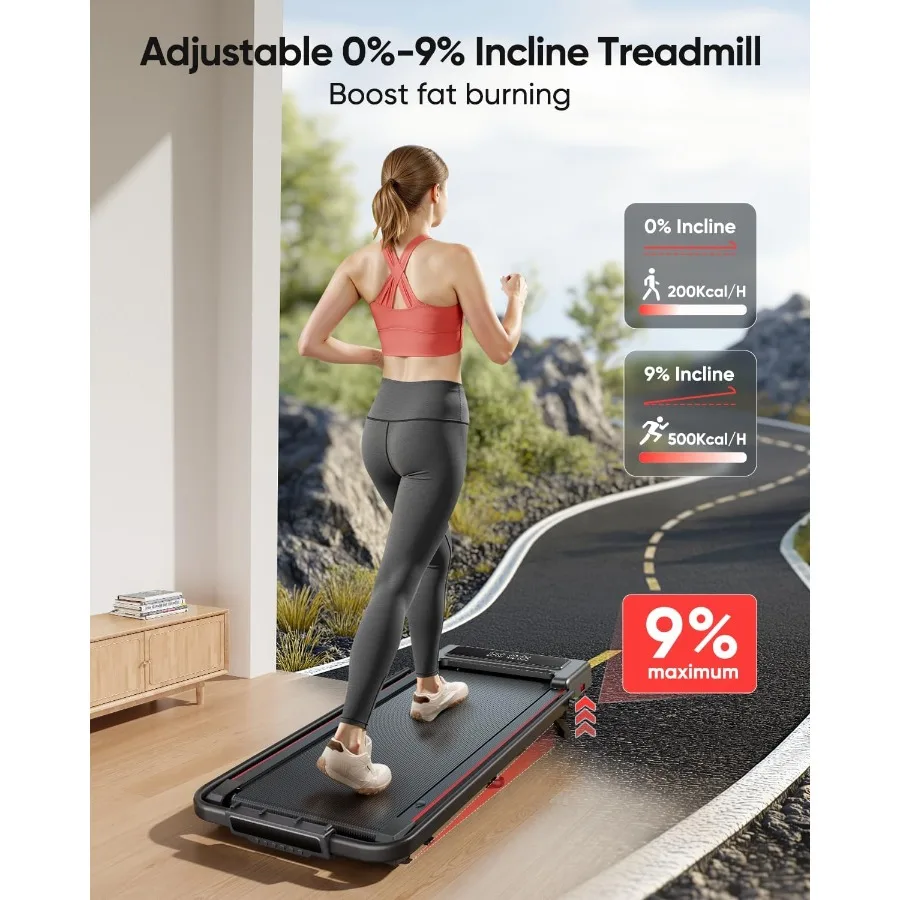 Under desk walking pad treadmill for home use, foldable steel frame in black, incline function and dual display with mute contr