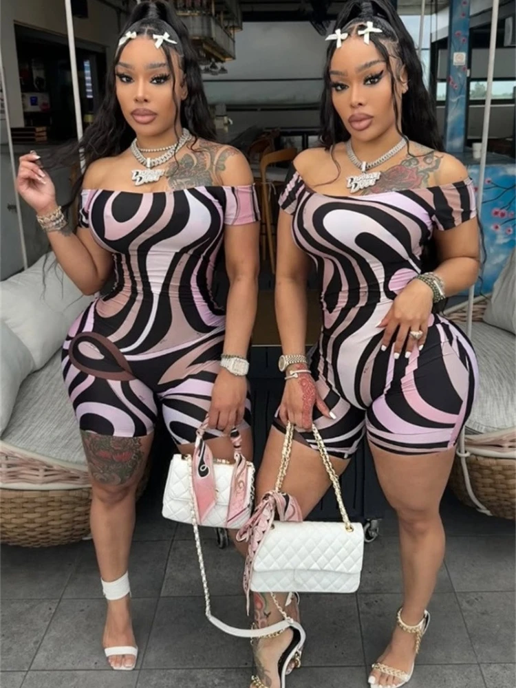 

Doyerl полосатый комбинезон с зеброй, женская одежда для рейва, сексуальный облегающий комбинезон с открытыми плечами и вырезом на шее, облегающий цельный комбинезон, шорты