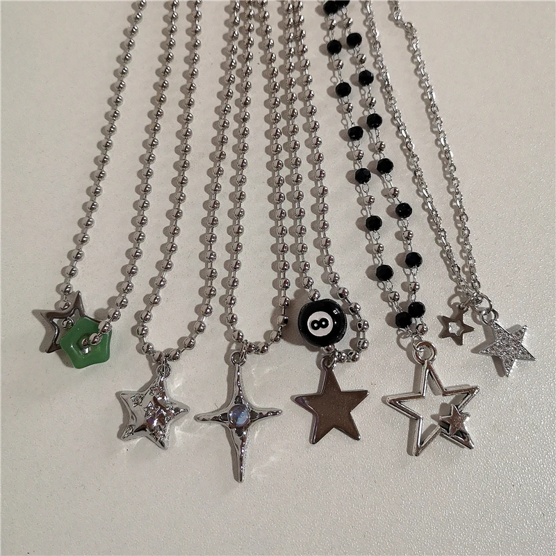 Kpop Vintage Punk Silver Color Star Pendant Bead Necklace for Men Women Street Hip Hop Aesthetic Grunge Jewelry Y2K Accessories