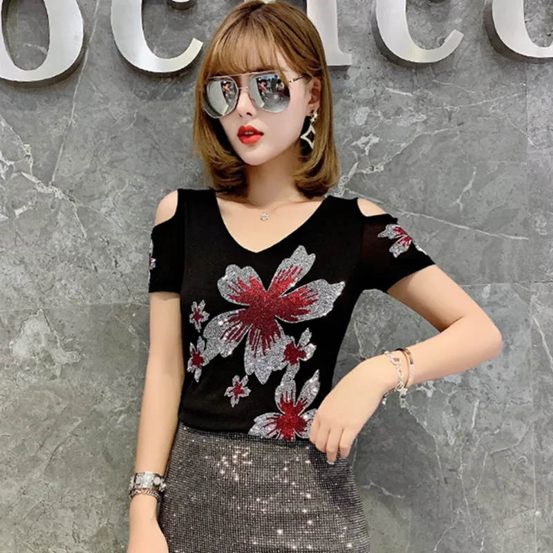 2024 Summer Fashion Korean T-shirt Clothes Sexy Flower Inlaid Diamonds Women Tops Ladies Short Sleeve Off Shoulder Mesh Tees