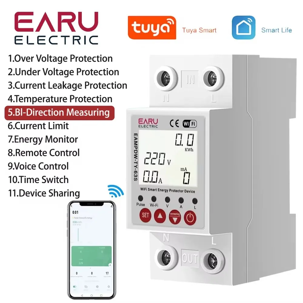 63A Tuya Bi-Directional Smart Circuit Breaker kWh Power Energy Meter Over Under Voltage Earth Leakage Protector Current Limit