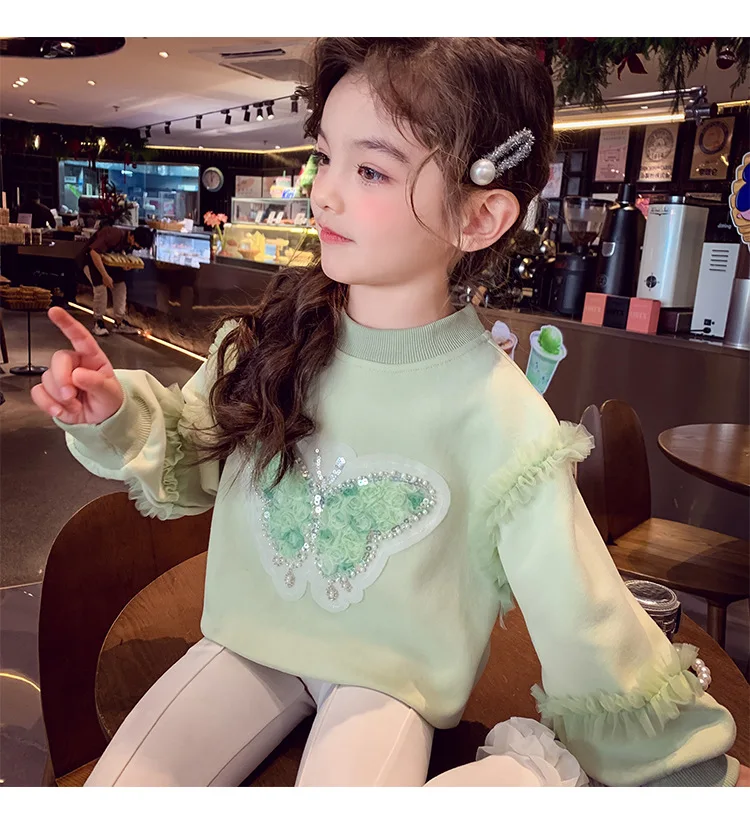 Herbst Kinder Mädchen Sweatshirts Schwestern Partnerlook Baumwollkleidung Pailletten Schmetterling Rüschenbesatz Langarm Rundhals Pullover Tops – Detail 11