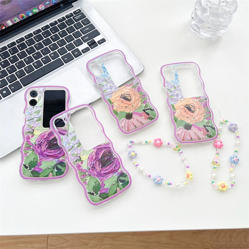 

Oil Painting Purple Yellow Flowers with Bracelet Wristband Chain Soft Gel Phone Case For OPPO Find N3 N2 Flip Back Cover