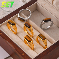 Nature Tiger Eye Stone Vintage Ring Set Halo Smooth Stainless Steel Rings for Womens Light Luxury Design Non fading Jewelry