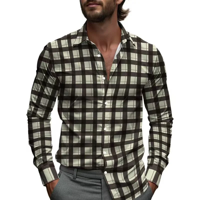 Business shirt line plaid stripes men's printed shirt four seasons single-breasted lapel long-sleeved shirt 2025 Hawaiian shirt