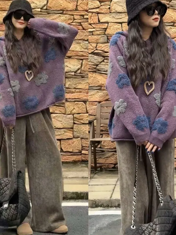 

Purple 3D Flower Hooded Sweater Women's Loose Lazy Style Mid-Length Knitted Shirt Autumn Winter Chic Top Commute Style Regula...