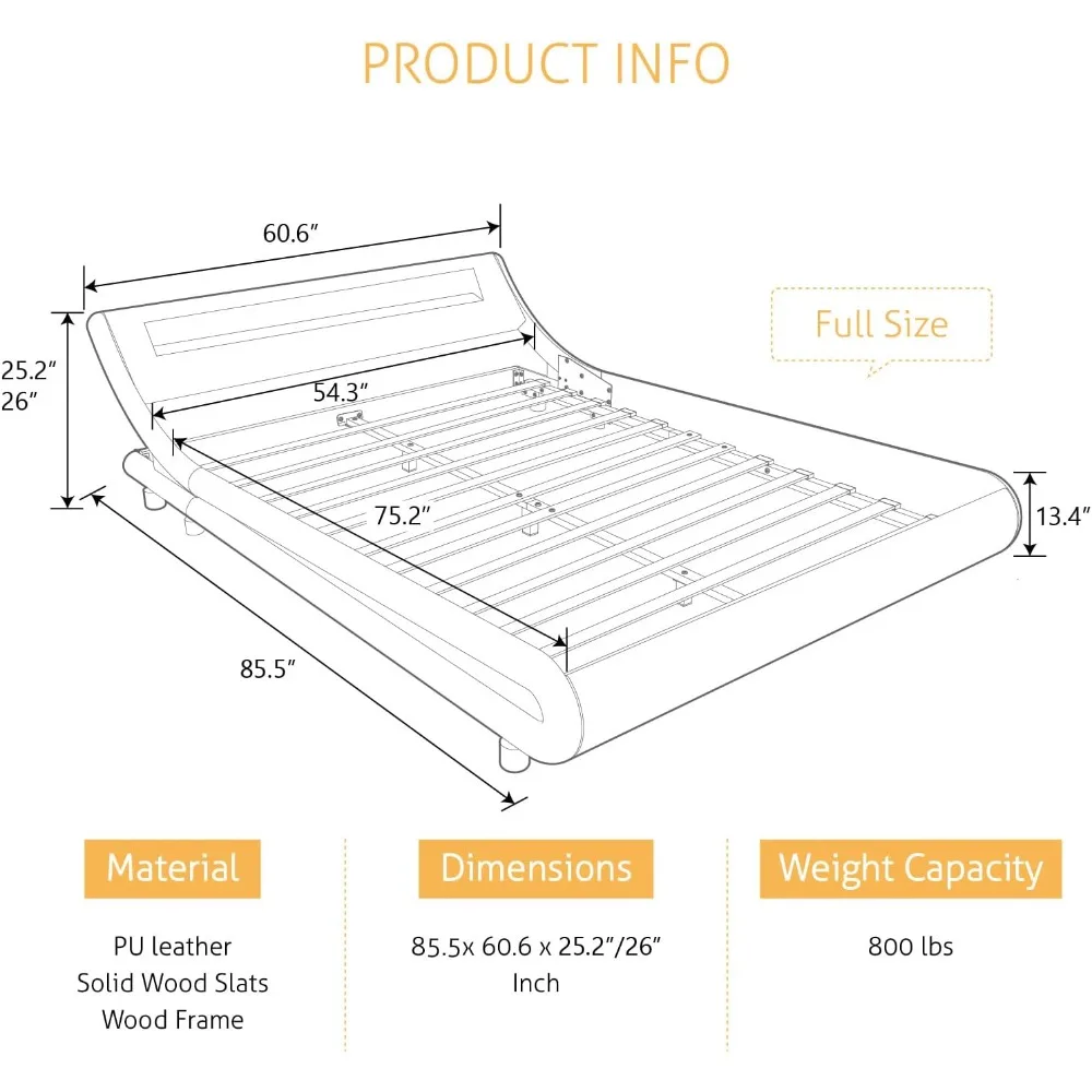 Fully upholstered modern bed frame with LED headboard / mattress base / no box spring required / sturdy wooden slats support