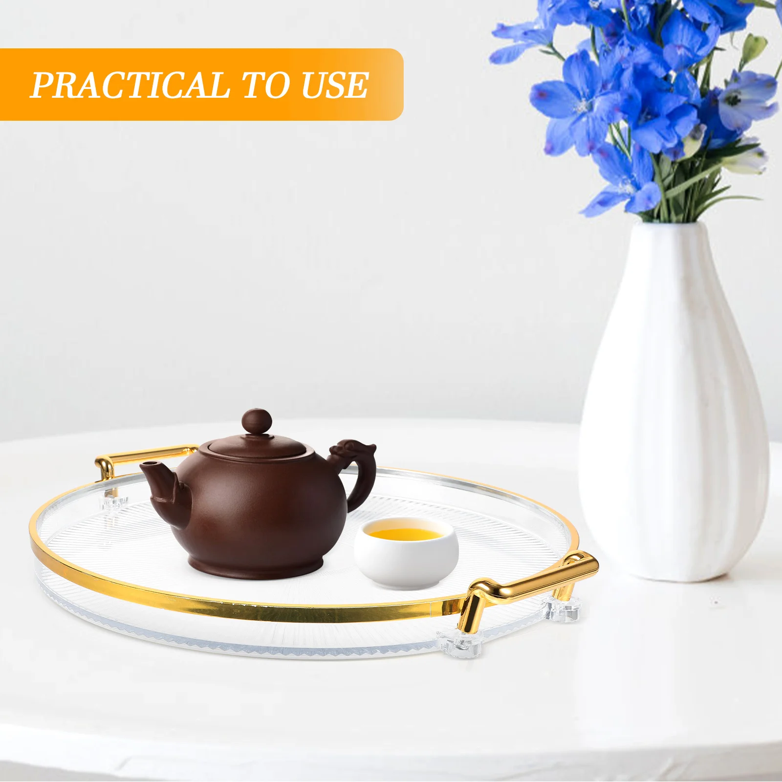 

Gold Rimmed Transparent Striped Round Tray For Fruits Candy Snacks Cups Jewelry Organizer Home Desk Decor Serving Plate