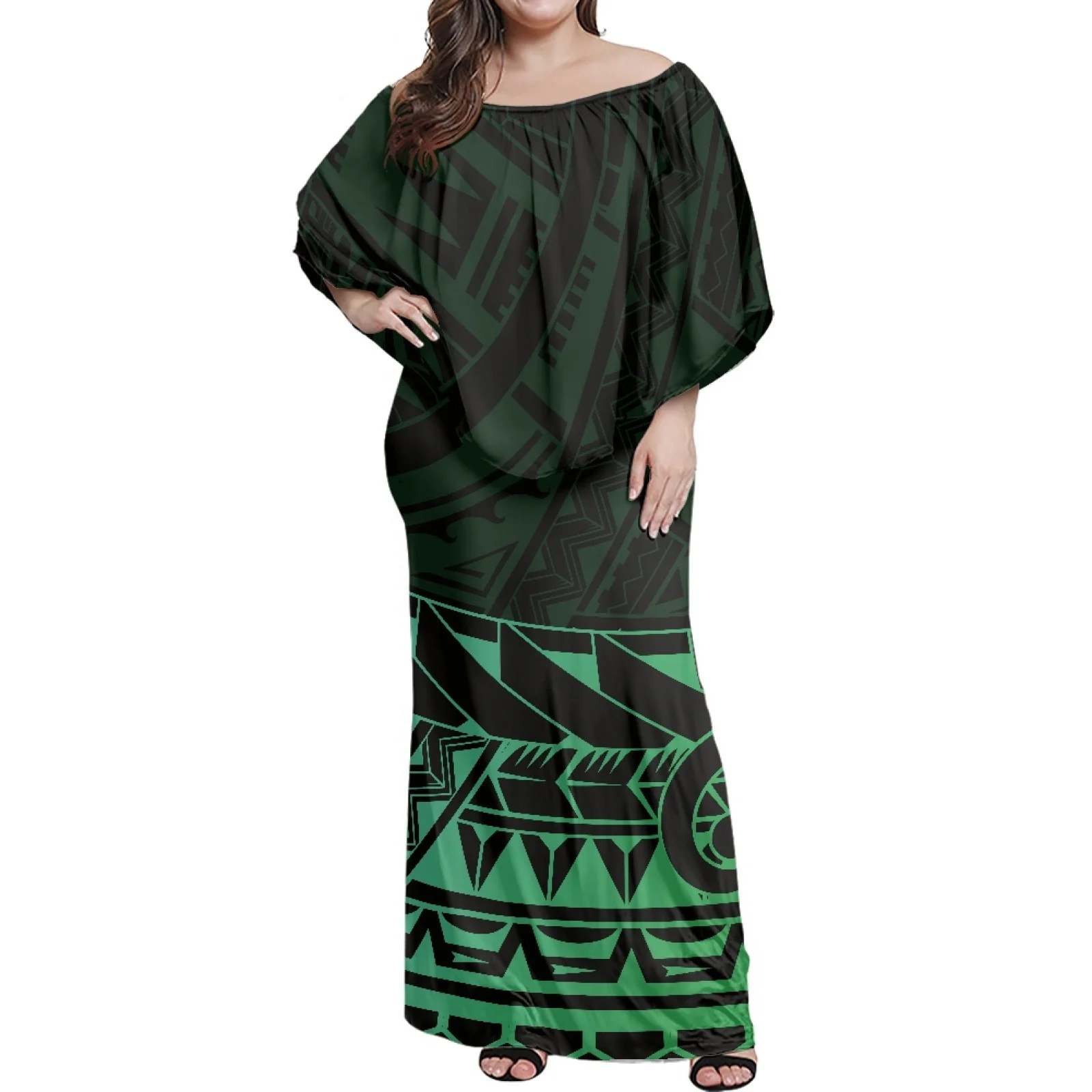 Low Price Polynesian Tribal Dress Sublimation Print Off The Shoulder Maxi Evening Gown With Shawl Women Big Size Ponchos Dress