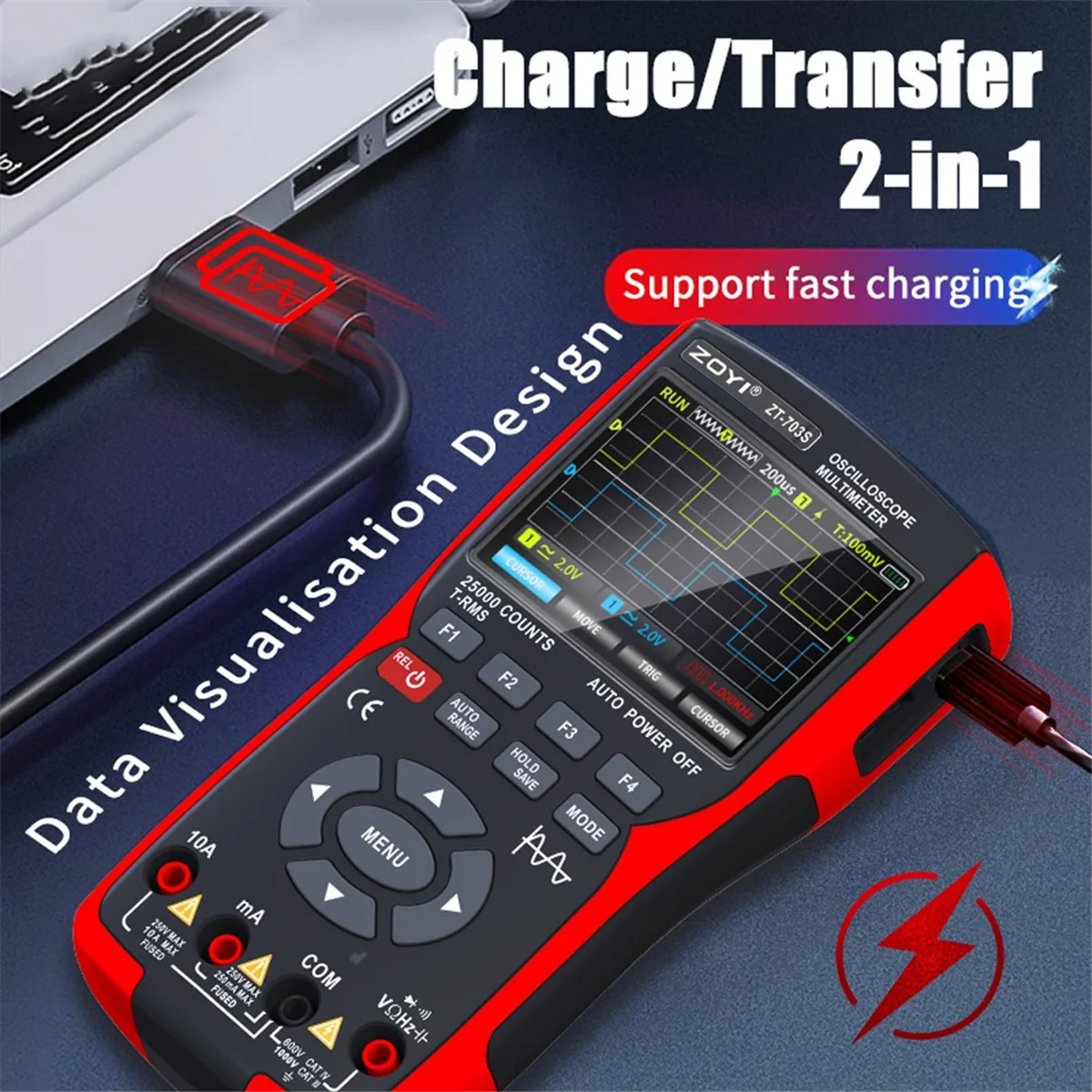 A48I ZOYI ZT703S 3in1 Digital Oscilloscope Multimeter 50MHz 280MS Rate PC Waveform Data Storage Dual Oscilloscope Generator B