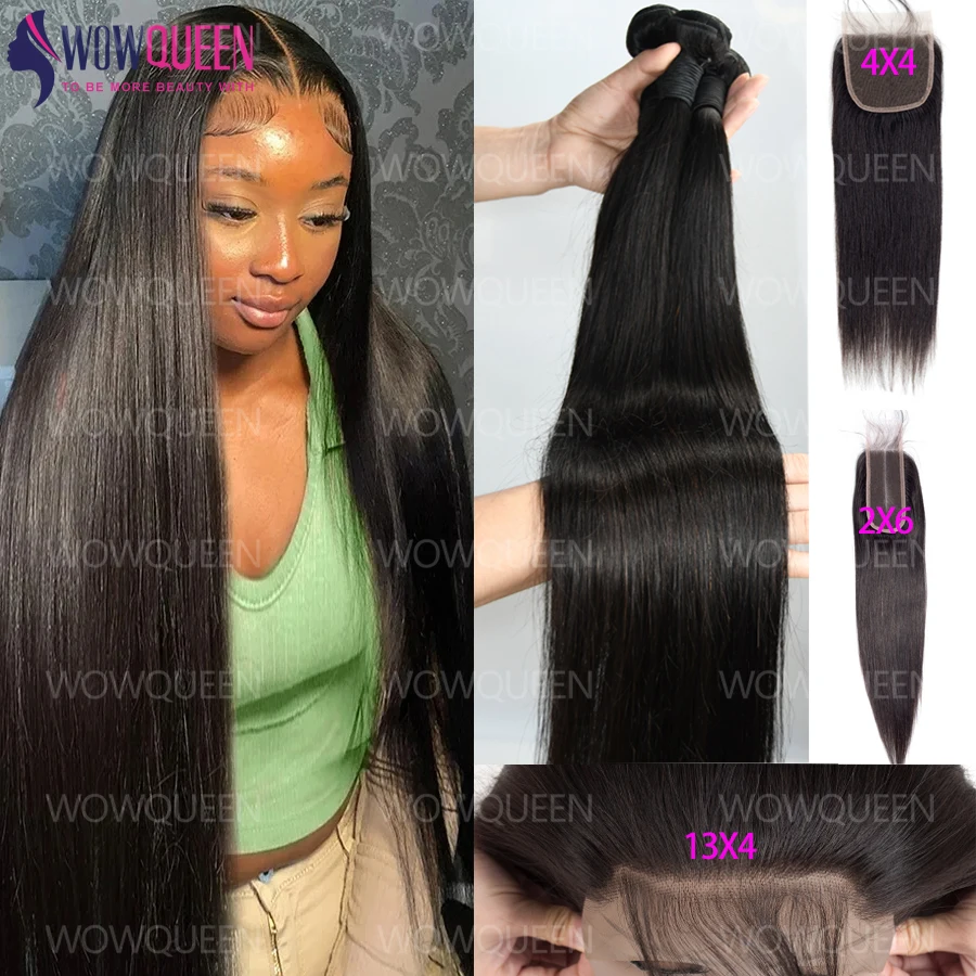 Paquets droits de cheveux humains avec fermeture 2x6 4x4 Extensions de cheveux brésiliens bruts armure 3 4 paquets avec Frontal Transparent 13x4