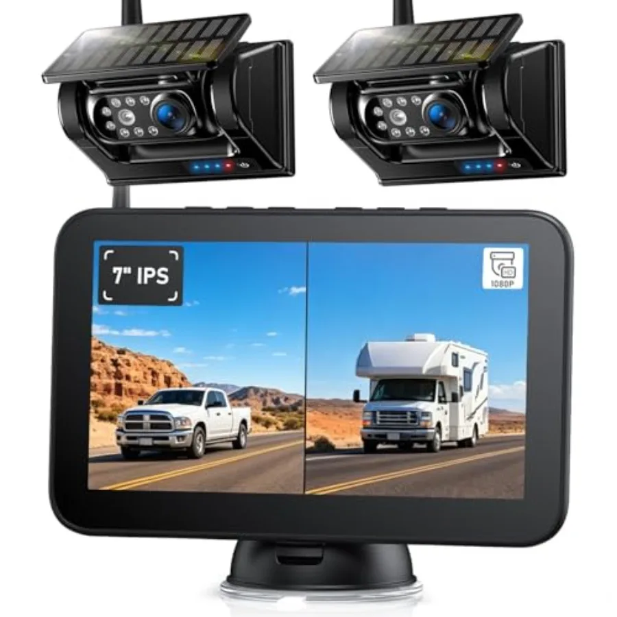 

RV trailer hitch towing backup camera system, wireless solar-powered HD1080P, 7-inch magnetic monitor, dual-camera setup, black