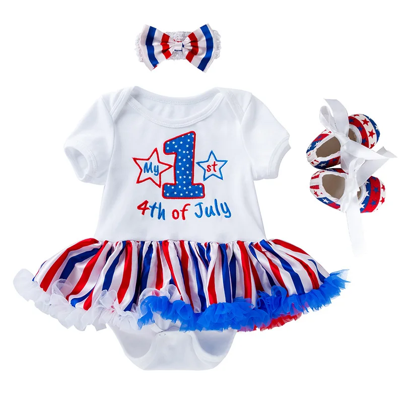 Independence Day Baby Summer Clothing Infant Girl's Bodysuit Headband And Shoes 3Pcs Toddler Tutu Skirt One Piece 0-2Y