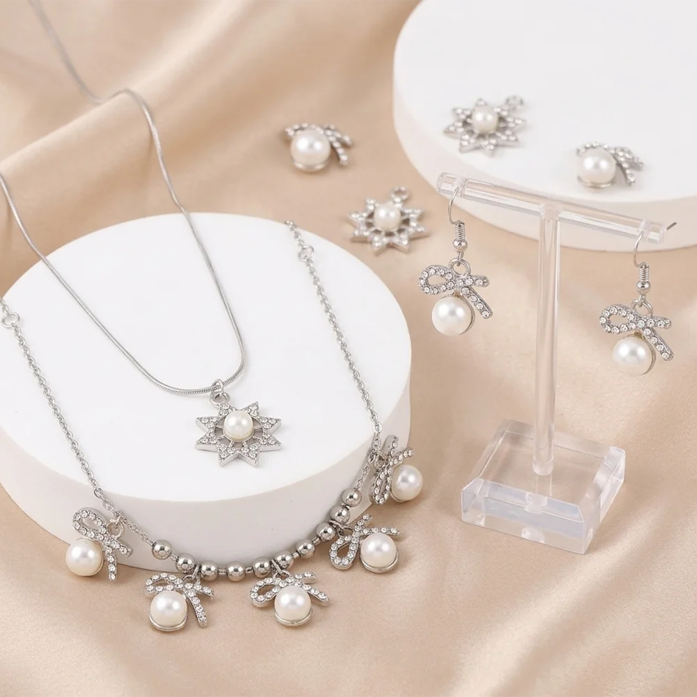 15Pcs Fashion Pearl Rhinestone Bow Star Pendant Silver Color Charm Accessories for DIY Jewelry Making Necklace Bracelet Supplies