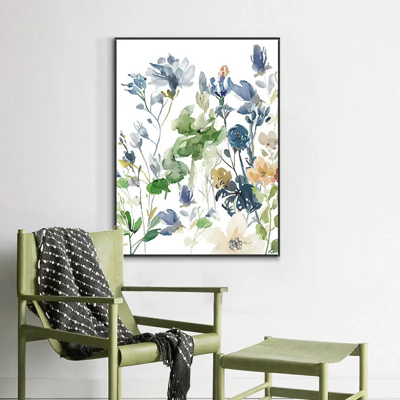 Nordic simple retro small fresh watercolor blue flower plants bedroom living room canvas painting decorative core