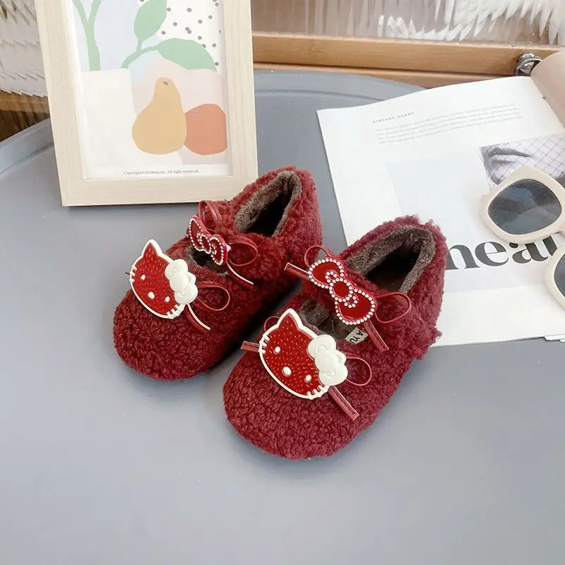 مرحبا كيتي الشتاء أحذية الأطفال الجديدة سانريو فتاة Kawaii أحذية قطنية دافئة لينة أسفل عدم الانزلاق الاطفال الأميرة الشقق الموضة #4