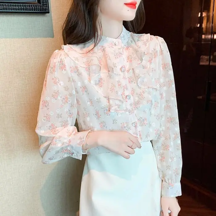 High End French Style Top Women's New Style Shirt Women's Small Shirt Western-style Chiffon Long Sleeved Shirt