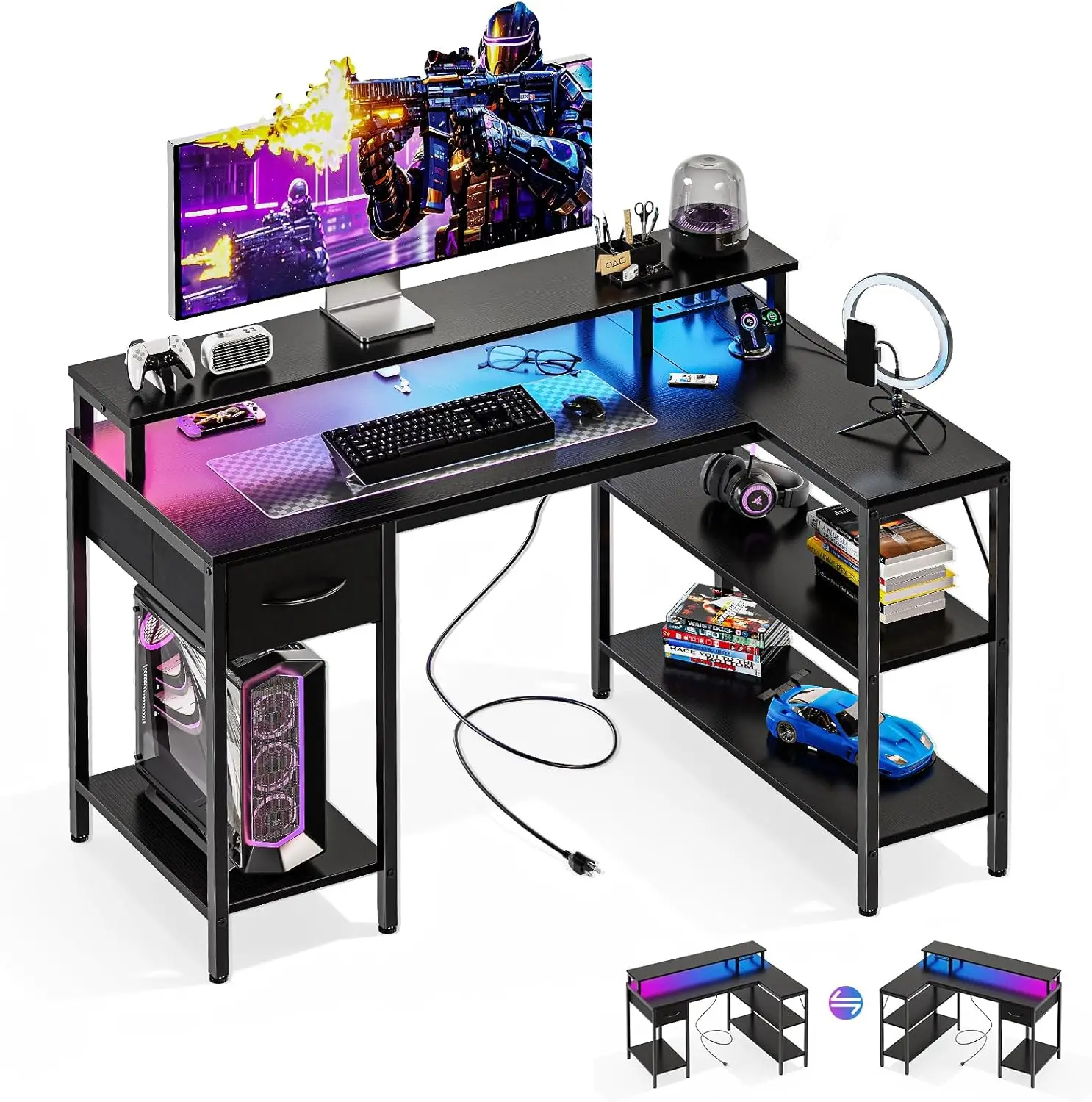 

Gaming Desk Wood 47” Reversible, with Power Outlets, with LED Lights, with Monitor Stand All Seasons Black