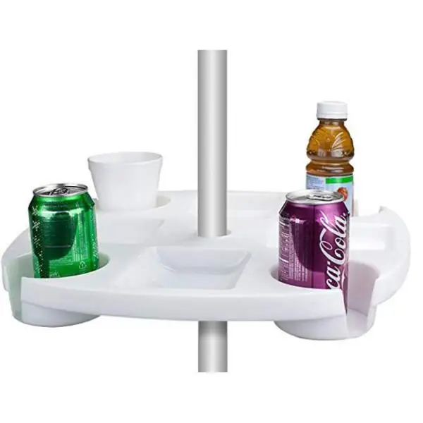 Plastic Beach Umbrella Table Tray with Hanging Hook for Beach Patio Garden White, Totally 4 Cup Holder, 4 Snack Compartments