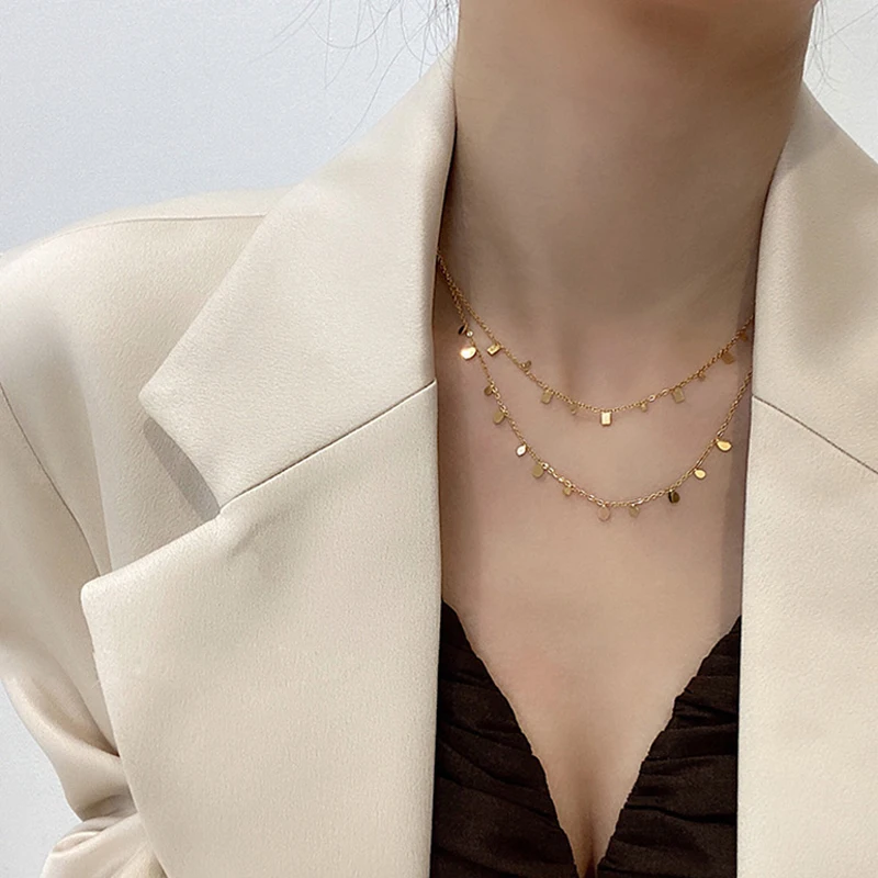 ANENJERY 316L Stainless Steel Round Square Tassel Necklace for Women Festival Gift Party Jewelry Accessory Wholesale