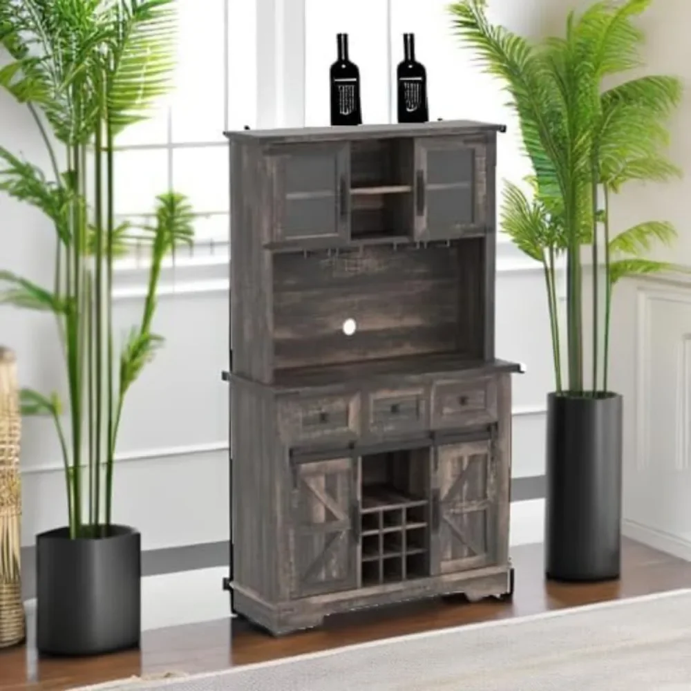 Farmhosue Bar Cabinet with Sliding Barn Door, Large Kitchen Buffet with Hutch w/Wine & Glasses Rack, Drawers, Storage Shelves