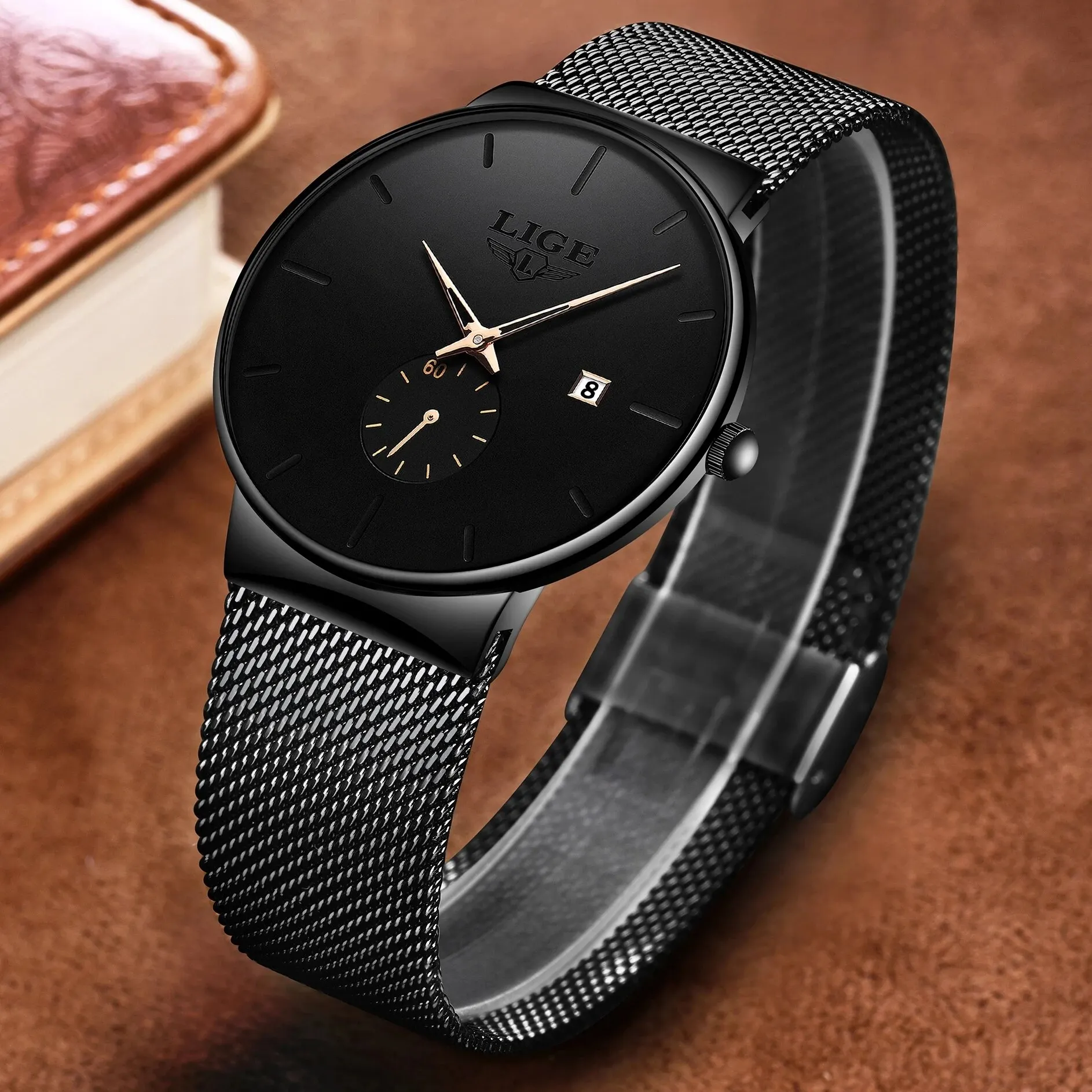 LIGE Fashion Mens Watches Top Brand Luxury Quartz Watch Men Casual Slim Mesh Steel Waterproof Sport Watch Relogio Masculino