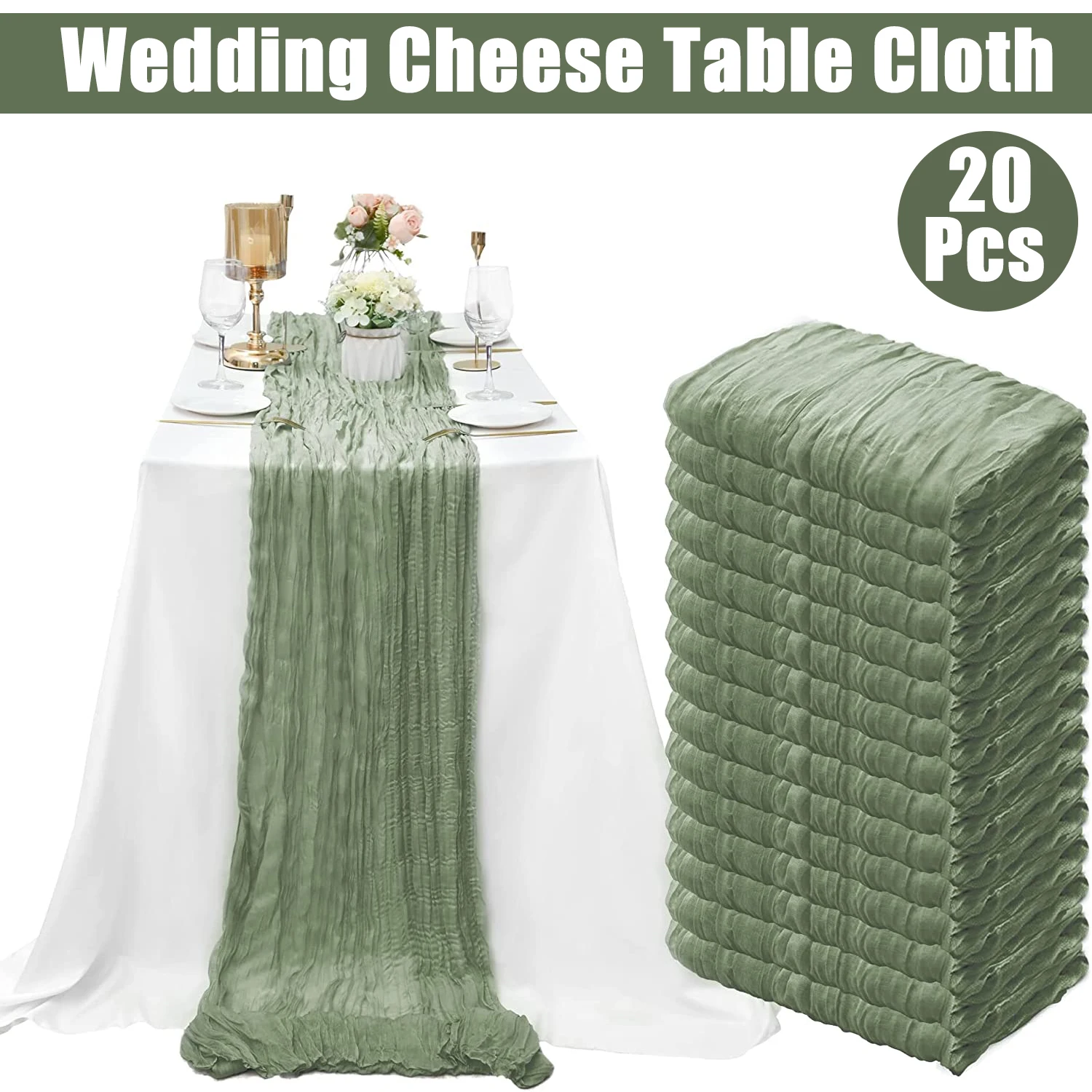 5-20Pcs Wedding Table Runner Sage Green Cheesecloth Table Runner Rustic Boho Gauze Crepe for Home/Party/Holiday/Bridal Shower