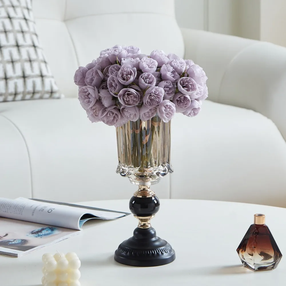 Modern light luxury glass vase ornament, living room flower arrangement table, ancient cream wind decoration fake flower set