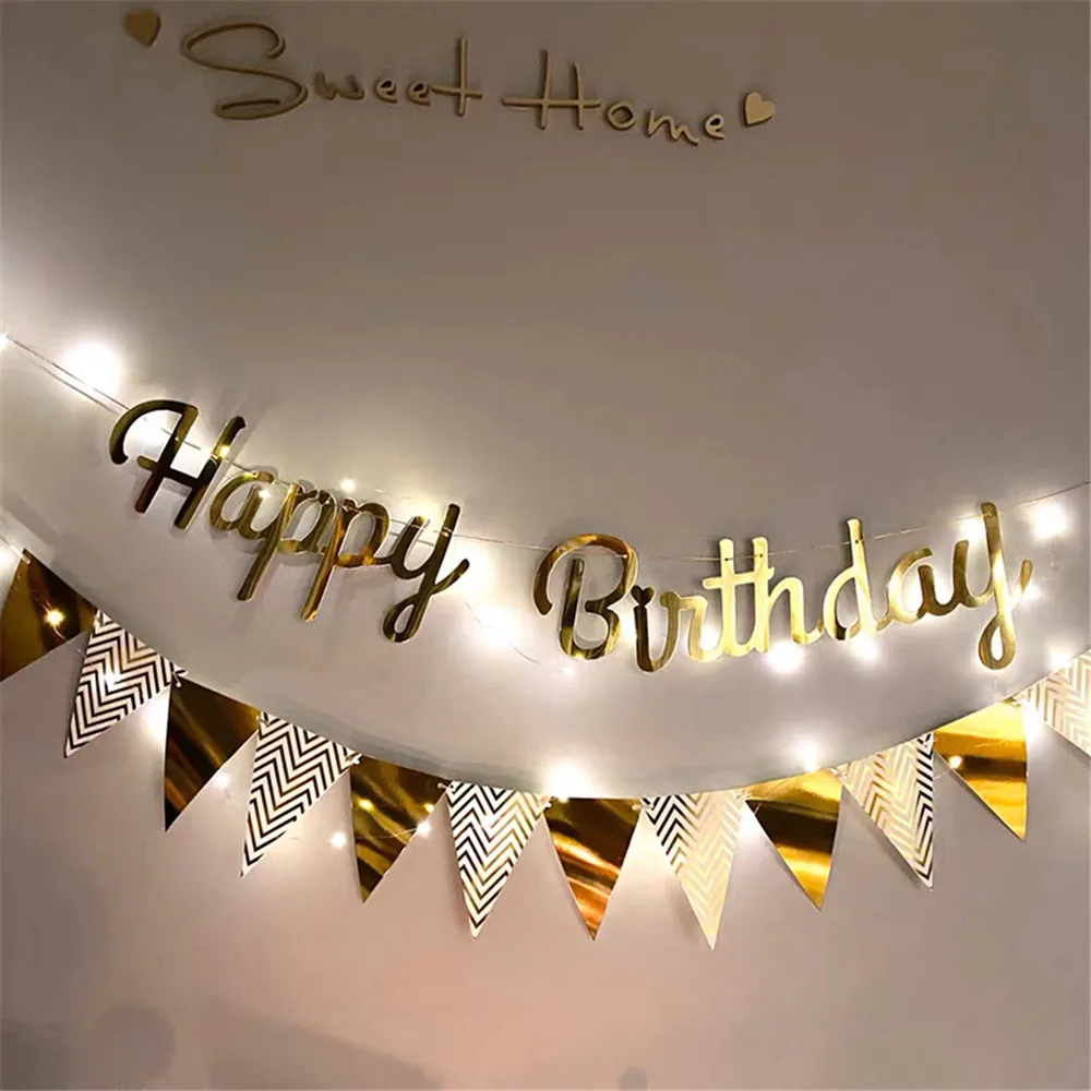 Multi Themes DIY Colored Lights Happy Birthday Banner Decorations Photo Booth Happy Birthday Bunting String Lights Flags Set