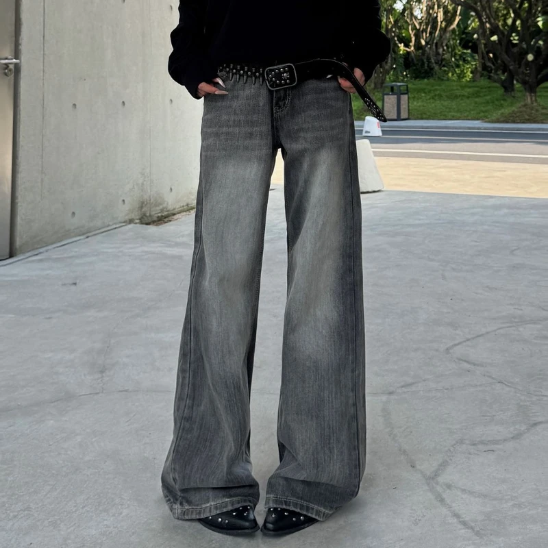 

Women's Retro Grey Wide Leg Vibe Jeans Autumn Streetwear Cool Girl Street Bottoms Fashion Trousers Female High Waist Pants