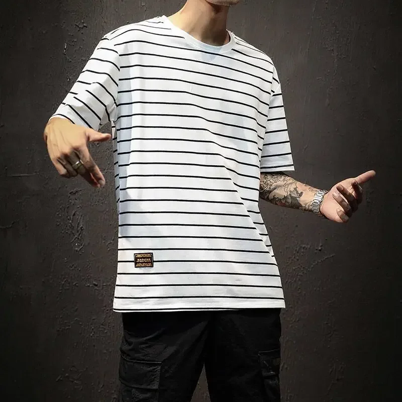 Top übergroße T-Shirt für Männer Baggy o Neck gestreifte Mann T-Shirts lose neu in der Mode xl gewöhnliche kurze Viertel ärmel Harajuku