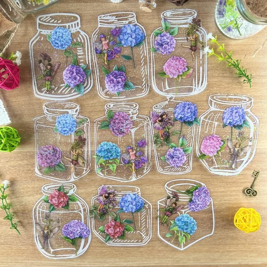 

40PCS PET Floral Stir Transparent Blue Purple Hydrangea Flower and Jar Fy Vinyl Stirs Decals Bulk for Scrapbng Water Bottles En