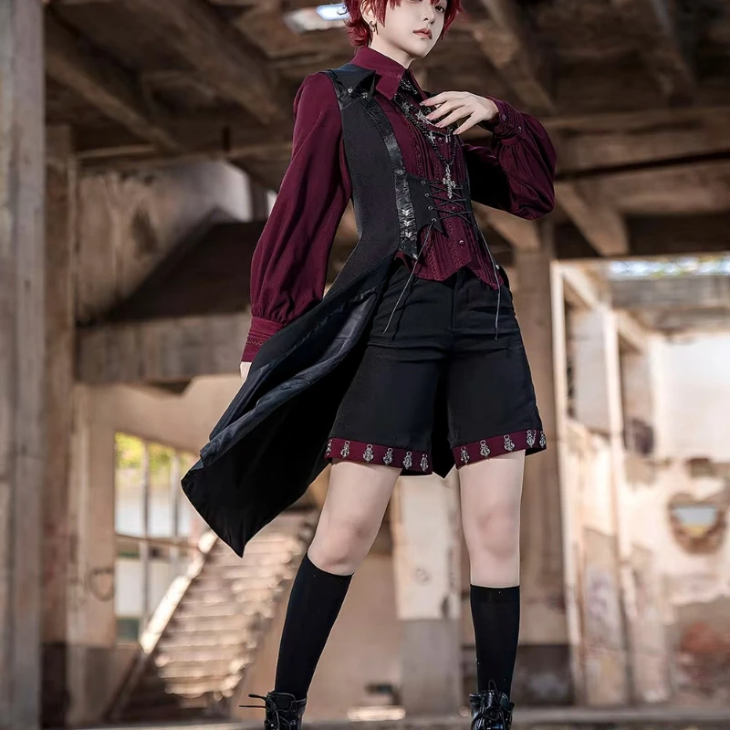 retro-gothic-ouji-lolita-outfit-medieval-straight-shorts-wine-red-shirt-long-vest-vintage-dark-academia-men-women-cos-suit