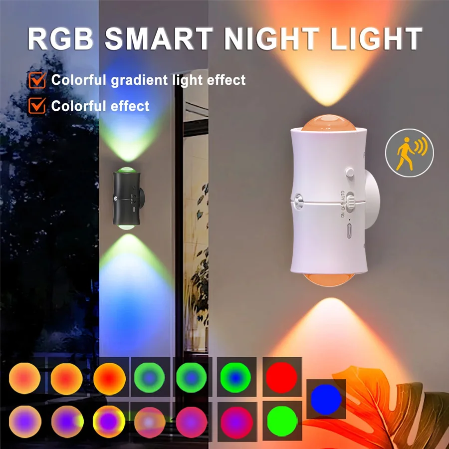 ไฟกลางคืนแบบชาร์จไฟได้สองหัว LED พร้อมเซ็นเซอร์ตรวจจับความเคลื่อนไหว ไฟ RGB สามสี ติดผนังแม่เหล็ก ให้แสงสร้างบรรยากาศสำหรับห้องโถงและบันได