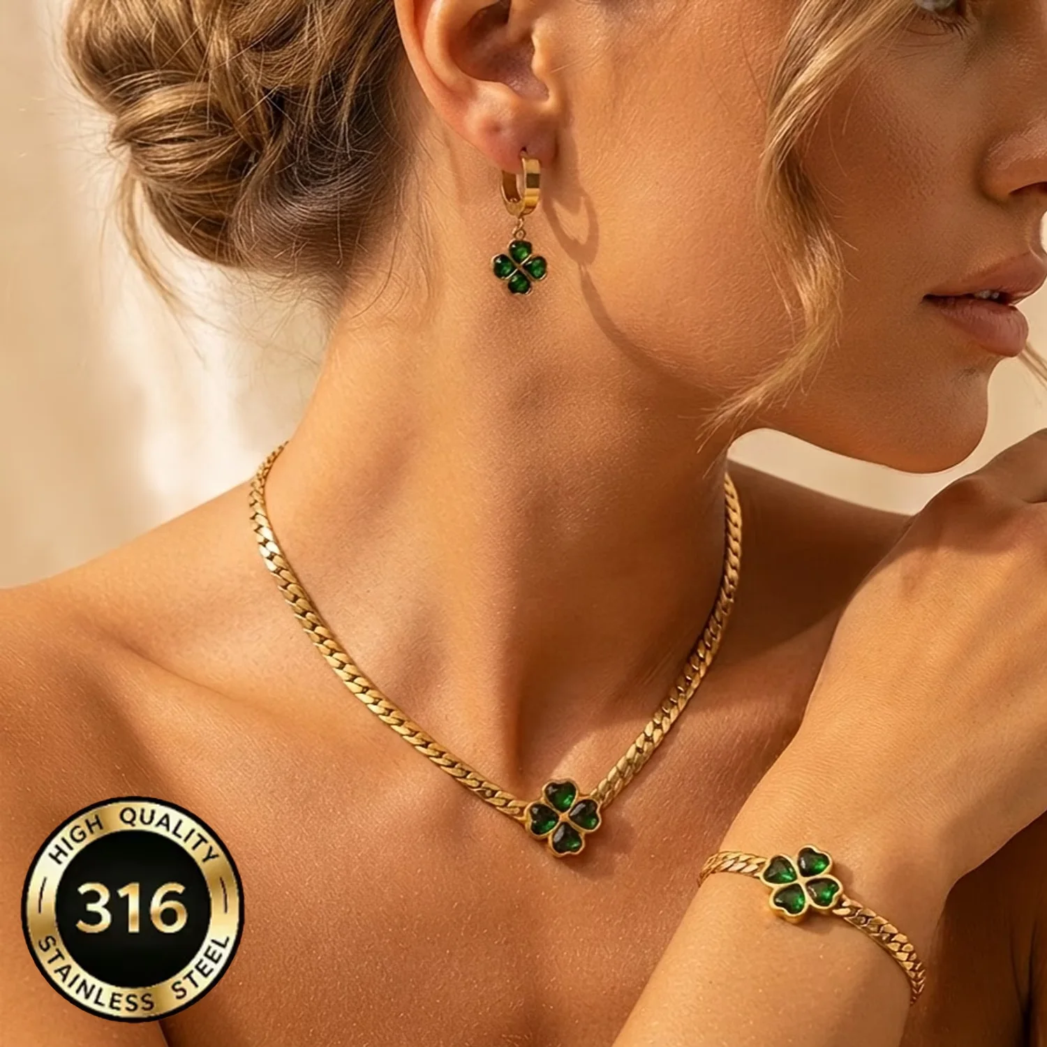 316L Stainless Steel Four-Leaf Clover Jewelry Set for Women Vintage Light Luxury Necklace Earrings Bracelet Combo for Parties