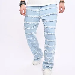 Street Style Fashion Biker Jeans Men Loose Stacked Spliced Straight Motorcycle Denim Pants For Men's