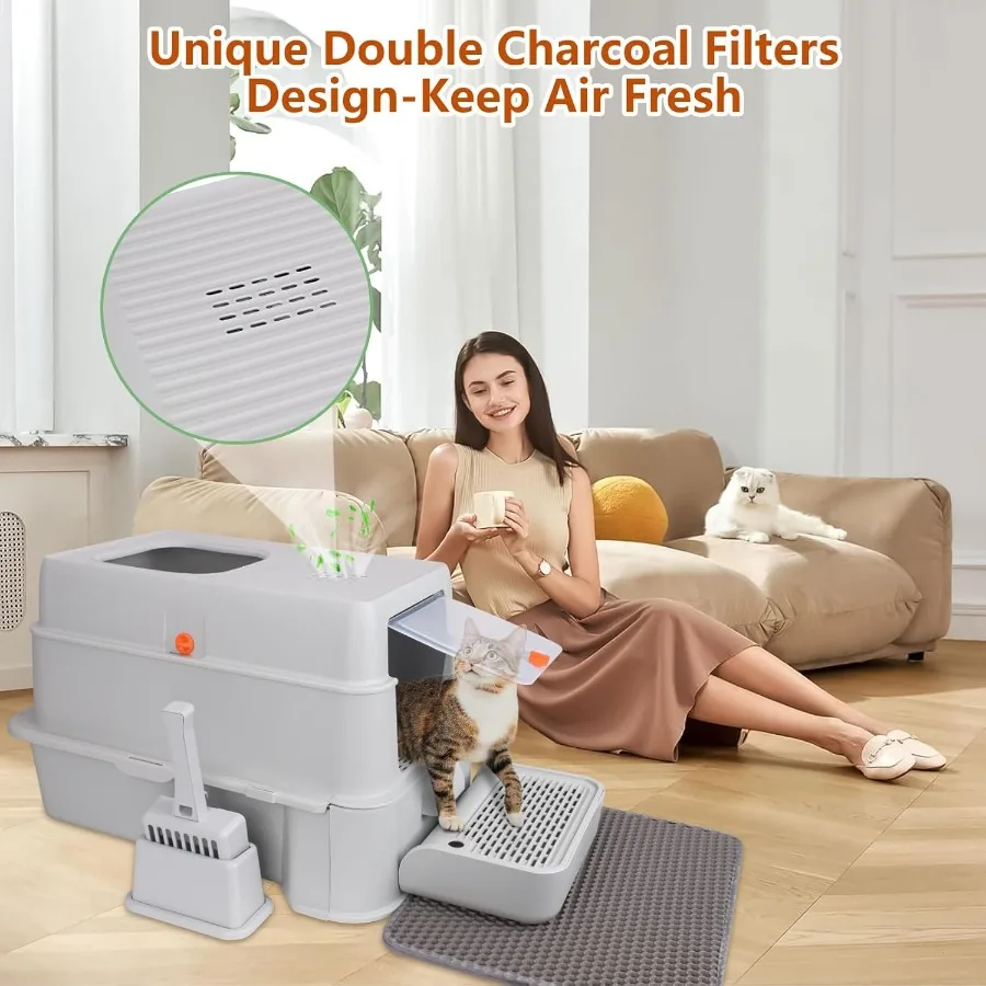 OdorControl كبير جدًا 24 لتر × 16 وات تصميم درج من الفولاذ المقاوم للصدأ صندوق نفايات القطط XL كبير 4 في 1 مجموعة صناديق نفايات معدنية للقطط للمنزل