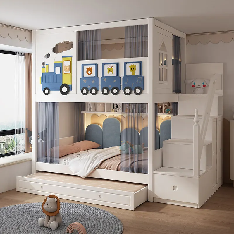Customizable Kids Bunk Bed with High Guardrail Tree House Style Upper and Lower Bed for Boys and Girls Ideal for Small Apartment