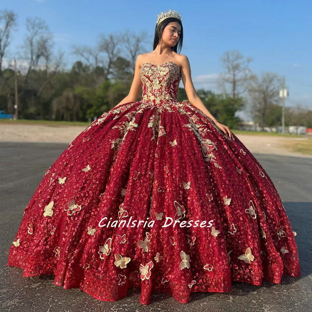 Vestidos de quinceañera con lentejuelas de cristal rojo oscuro, vestido de baile, apliques dorados, corsé de mariposa 3D, Para XV Años