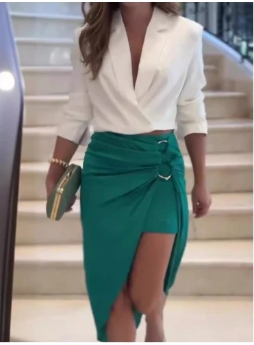 New Fashion 2Pcs Women 2024 Spring Solid Color Notched Collar Long Sleeved Shirt & High Waist Asymmetric Hem Mini Skirt Sets