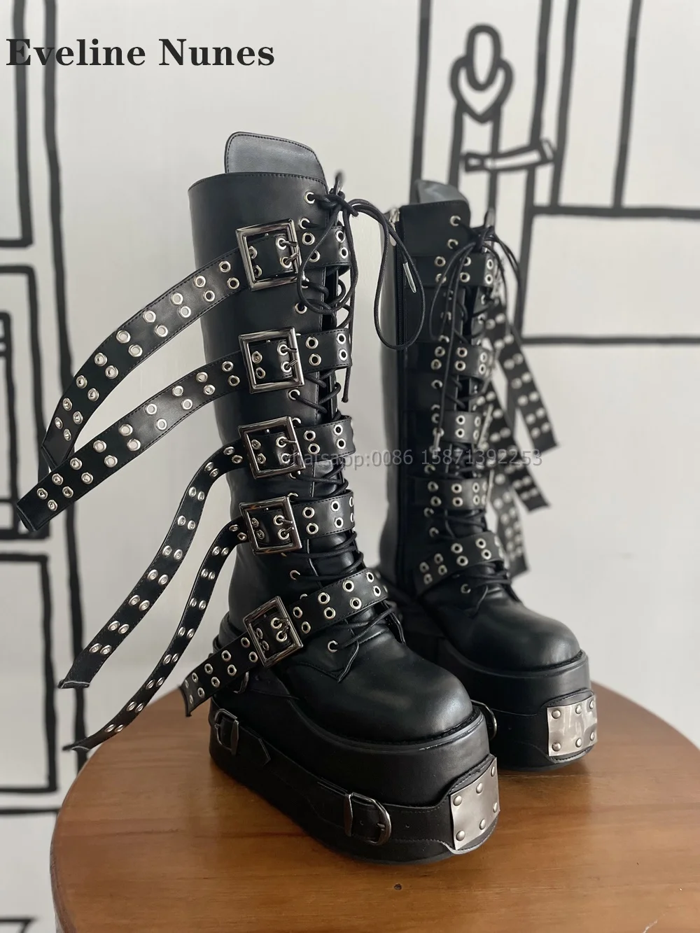 Belt Buckle Platform Motorcycle Boots Round Toe Height Increasing Cross Tied Patchwork Booty Punk Plus Size Booties Heavy Work