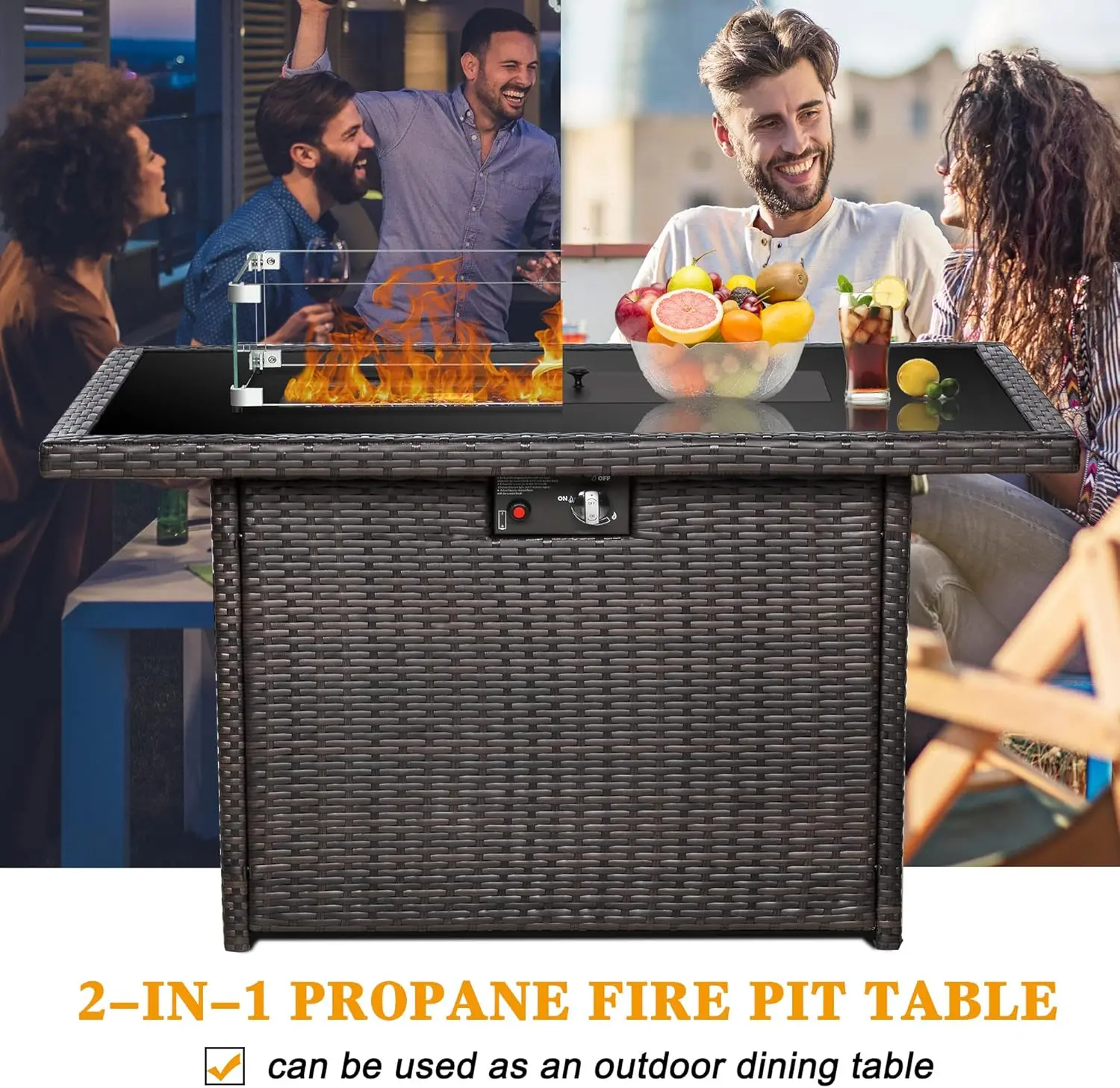 Outdoor Propane Gas Fire Pit Table, 55000 BTU, Rectangular with Glass Wind Guard for Patio, Deck, Garden, Backyard view 6