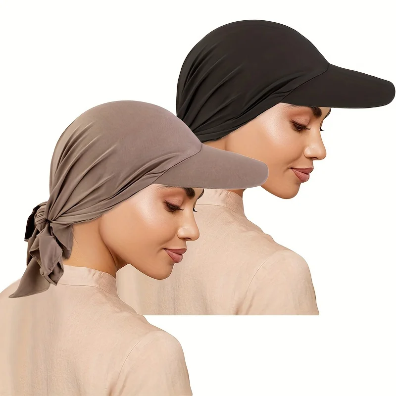 2pcs Set Woman Elastic Polyester Turban Hat with Ties And Visor Duckbill Bandana Cap Sports Turban Ethnic Sun Hats