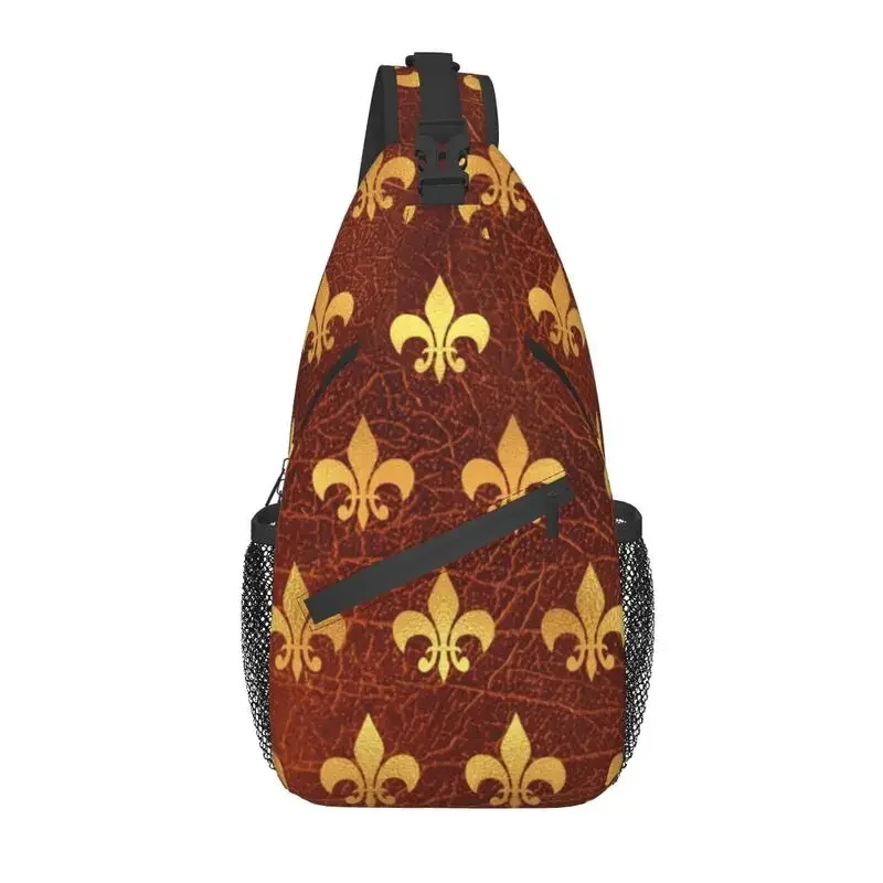 Royal Gold Brown Leather Fleur De Lis Sling Bags for Cycling Camping Men Lily Flower Chest Crossbody Backpack Shoulder Daypack