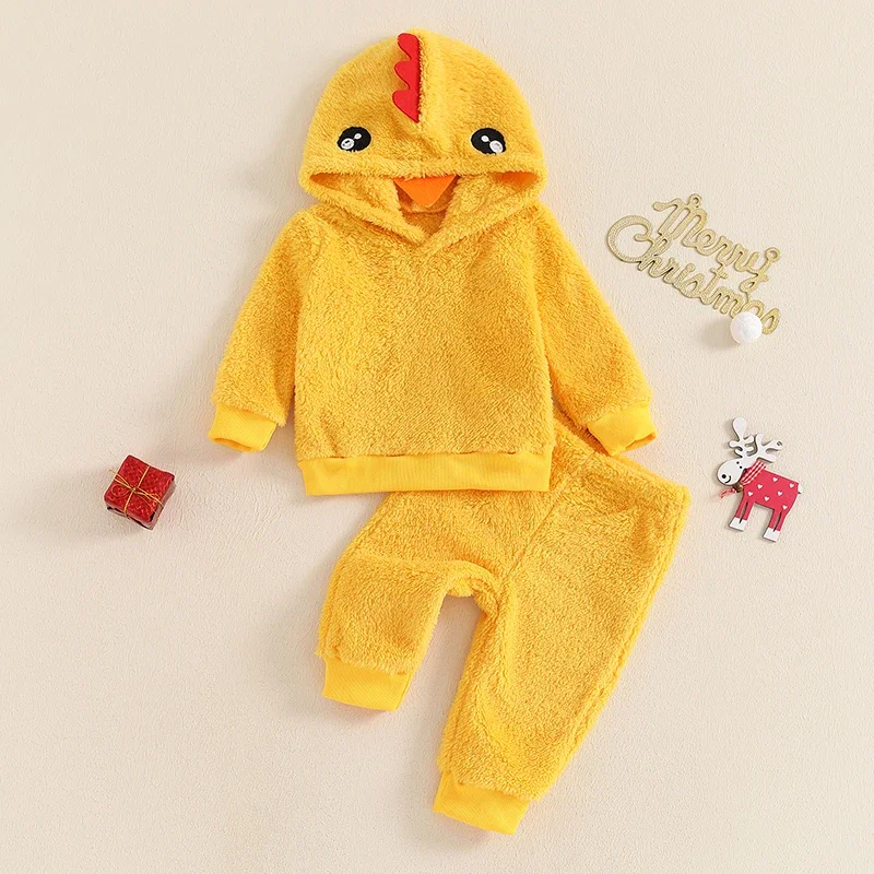 Baby 2Pcs Winter Outfits Long Sleeve Fleece Chick Hoodie Tops Trousers Set Toddler Baby Warm Winter Clothes Set